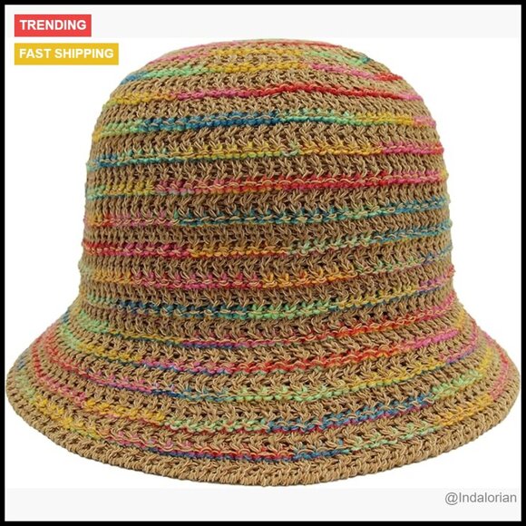 Accessories - Straw Bucket Hat Packable Travel Beach Sun Hat Knitted Mesh Boho Chic